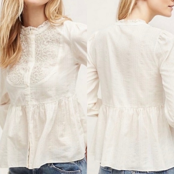 Anthropologie Tops - Anthropologie Cream Embroidered Peplum Blouse